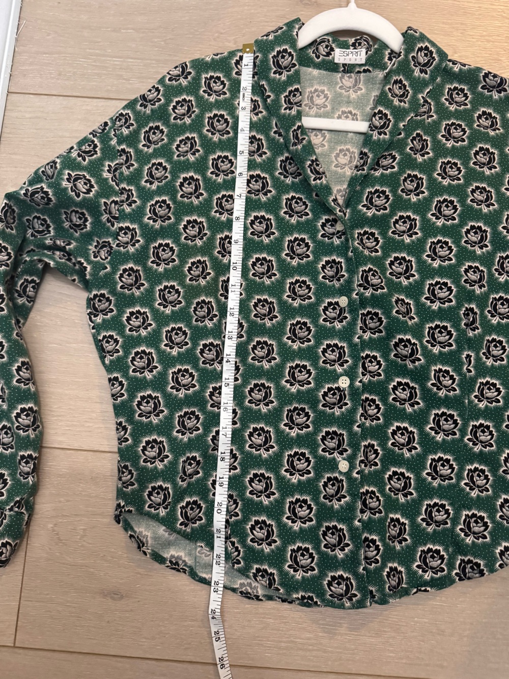 Vintage 80s Esprit Sport Green Blue White Floral Cotton Retro Blouse Women’s S - Picture 7 of 8